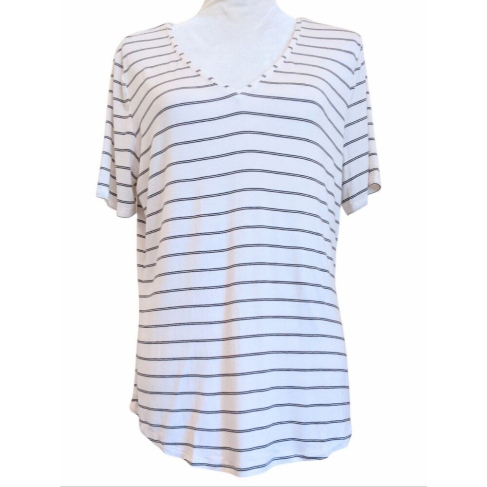White House Black Market Women’s White V-Neck Striped Tee New Size Large